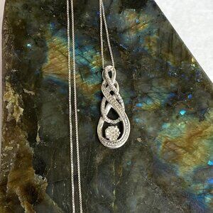 Sterling Silver 925 Diamond Cluster Infinity Knot Pendant Necklace 18" Box Chain